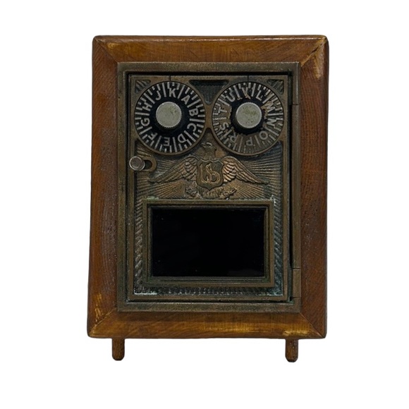 Antique Post Office Double Eagle Dial Door Coin Bank Wooden Box 7" x 5" x 6.5" - Picture 3 of 13